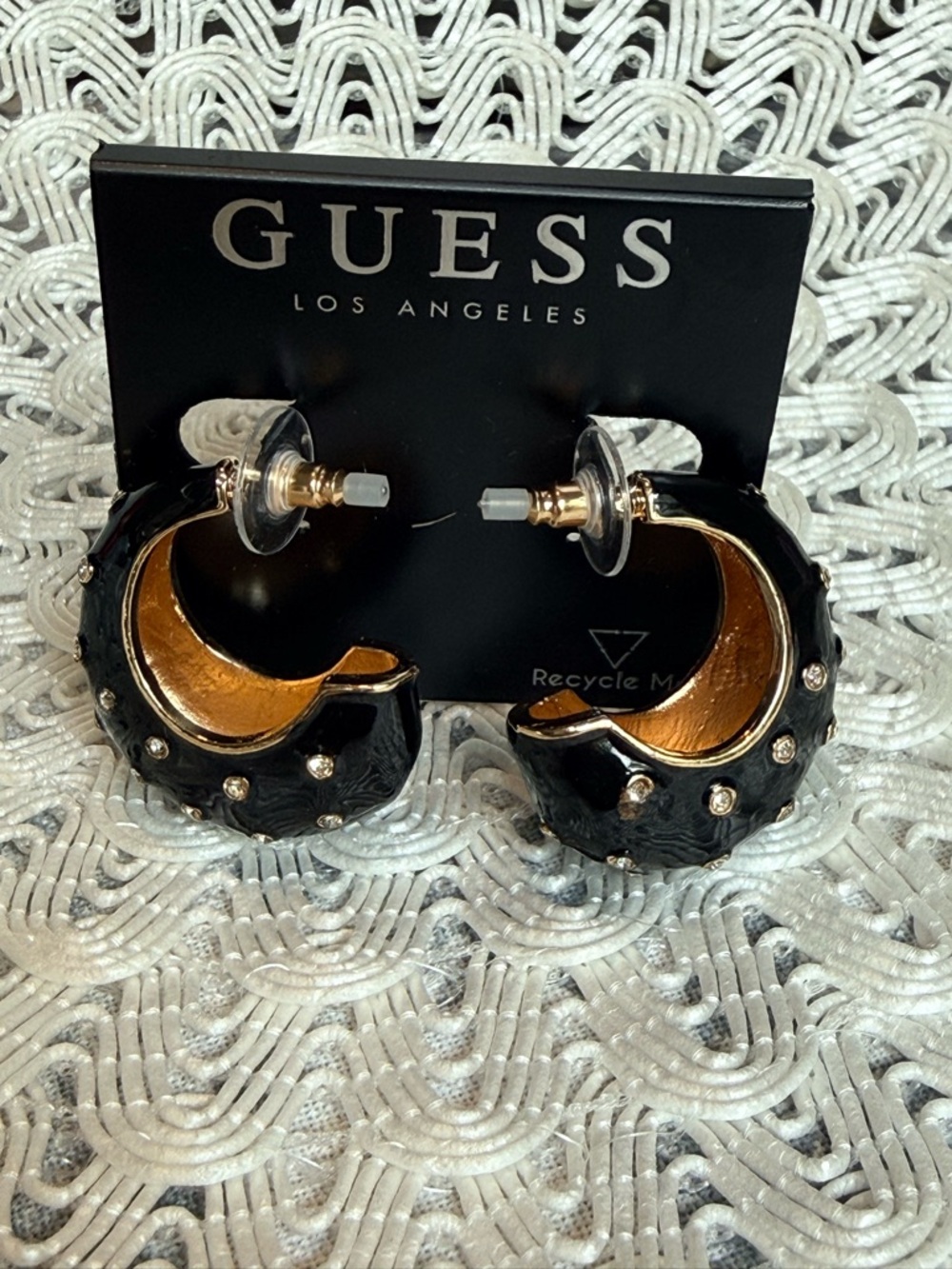 GUESS Black and Gold Crystal-Accent Hoop Earrings